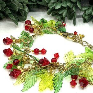 Gold Tone and Red Glass Angel Beaded Charm Bracelet